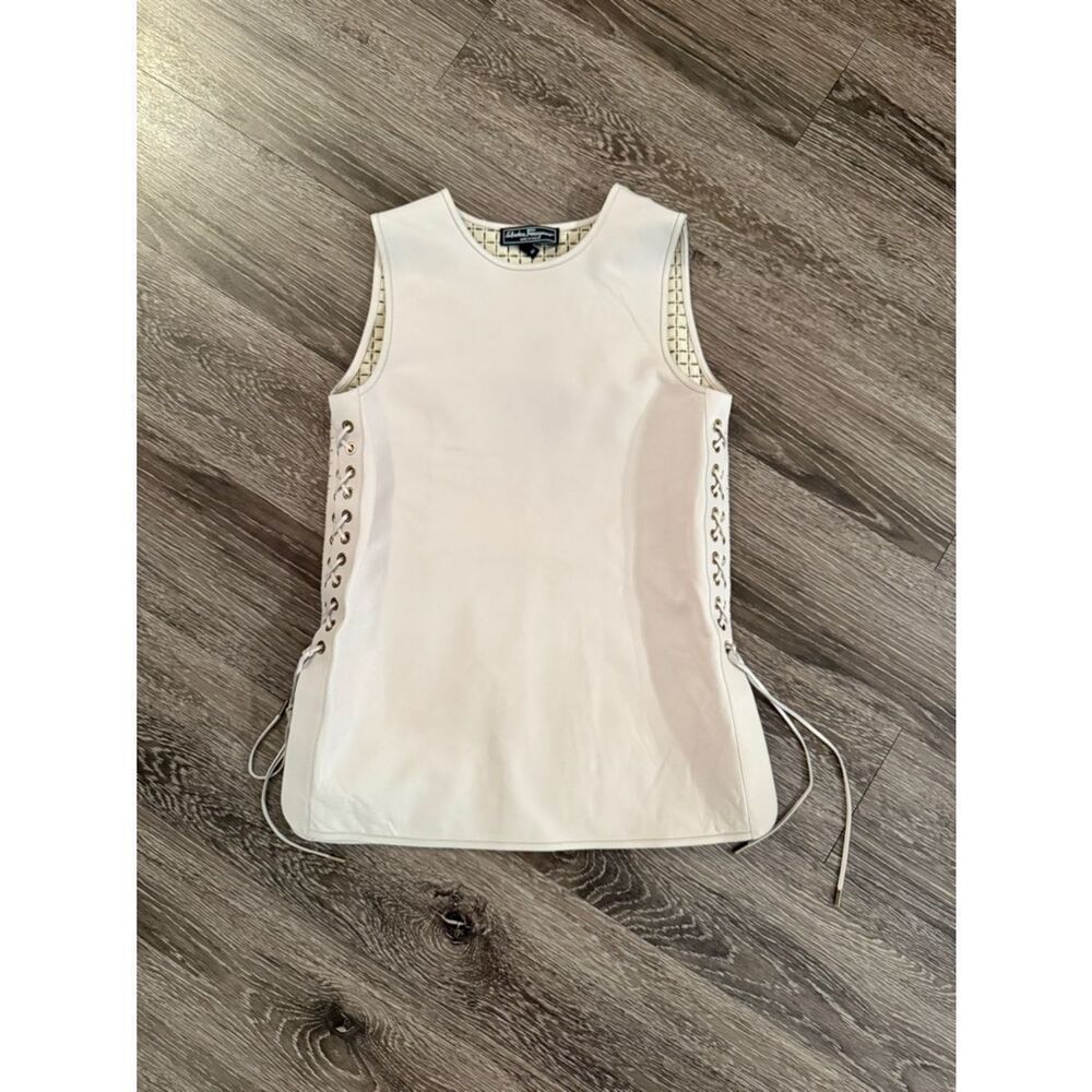 Salvatore Ferragamo Beige Leather Sleeveless Lace Up Side Detail